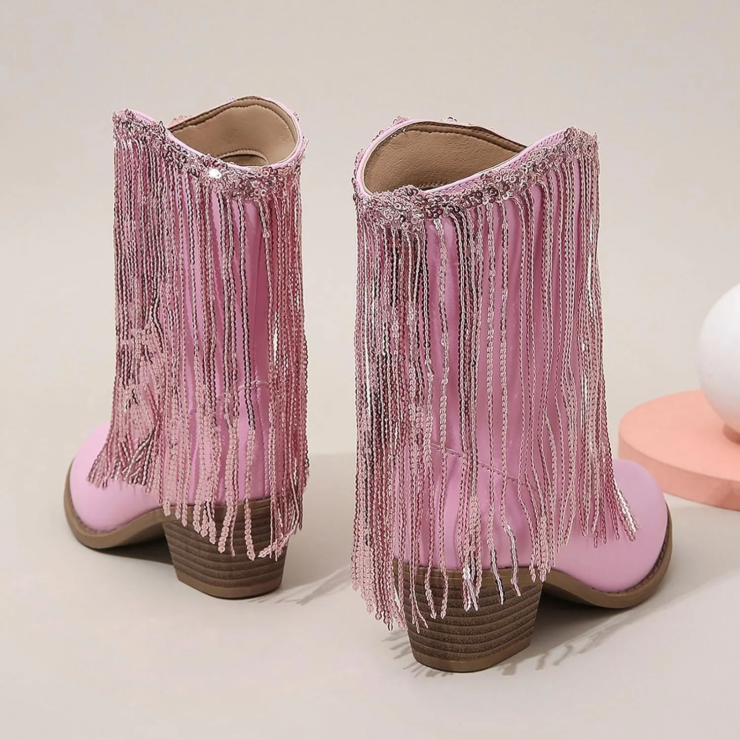 Girl's Fringe Western Boots Wide Calf Riding Cowgirl Cowboy Boots Low Chunky Heel Ankle Boot Pull-On Mid Calf Booties