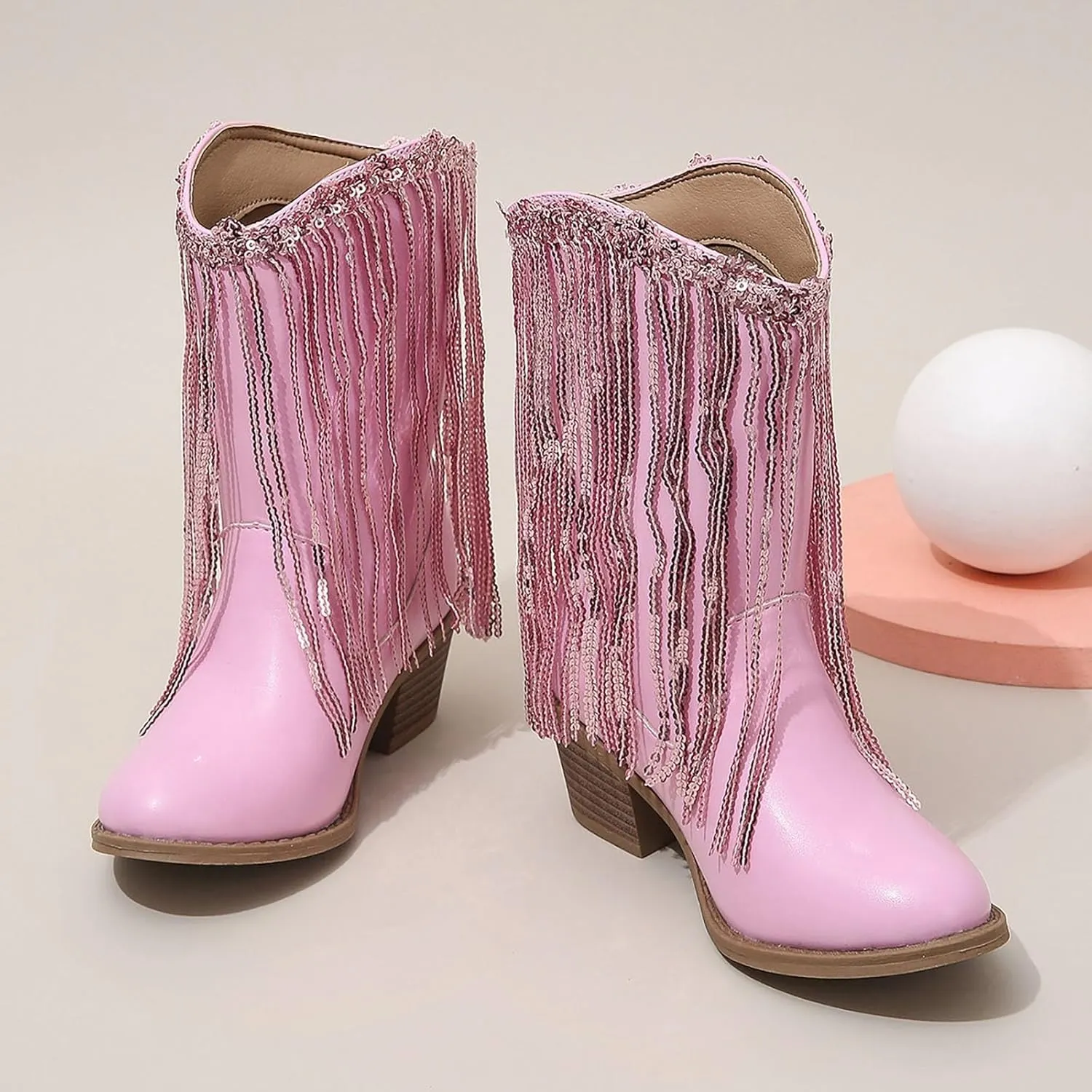 Girl's Fringe Western Boots Wide Calf Riding Cowgirl Cowboy Boots Low Chunky Heel Ankle Boot Pull-On Mid Calf Booties