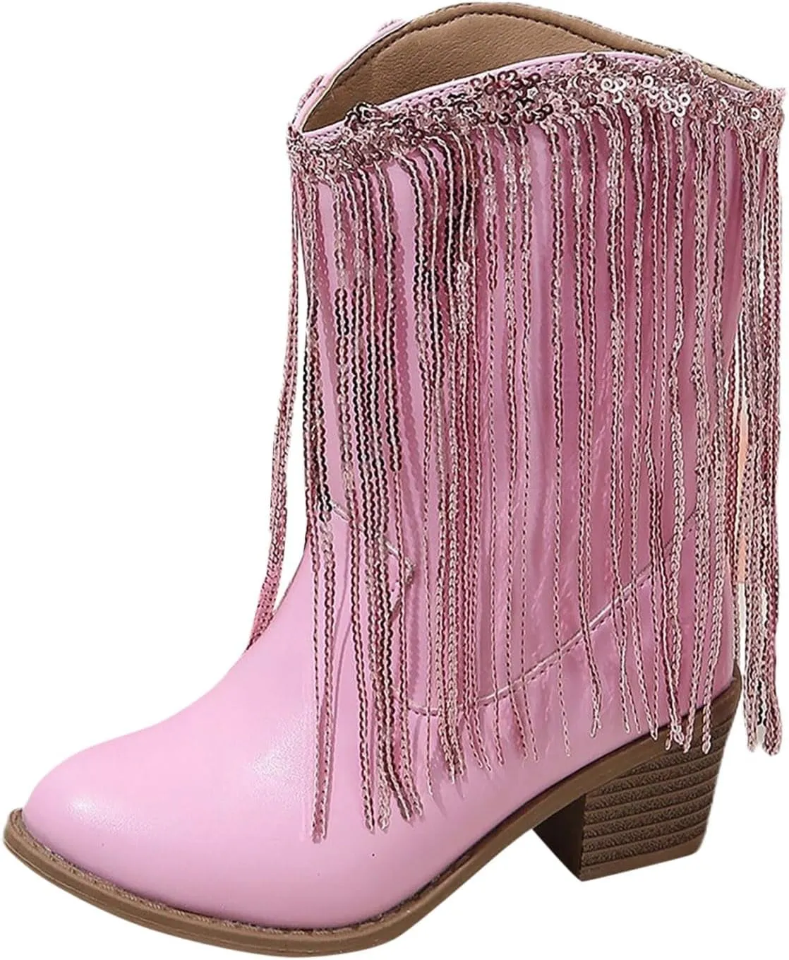 Girl's Fringe Western Boots Wide Calf Riding Cowgirl Cowboy Boots Low Chunky Heel Ankle Boot Pull-On Mid Calf Booties