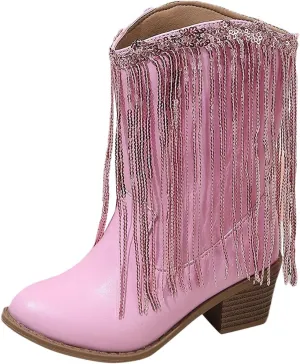 Girl's Fringe Western Boots Wide Calf Riding Cowgirl Cowboy Boots Low Chunky Heel Ankle Boot Pull-On Mid Calf Booties