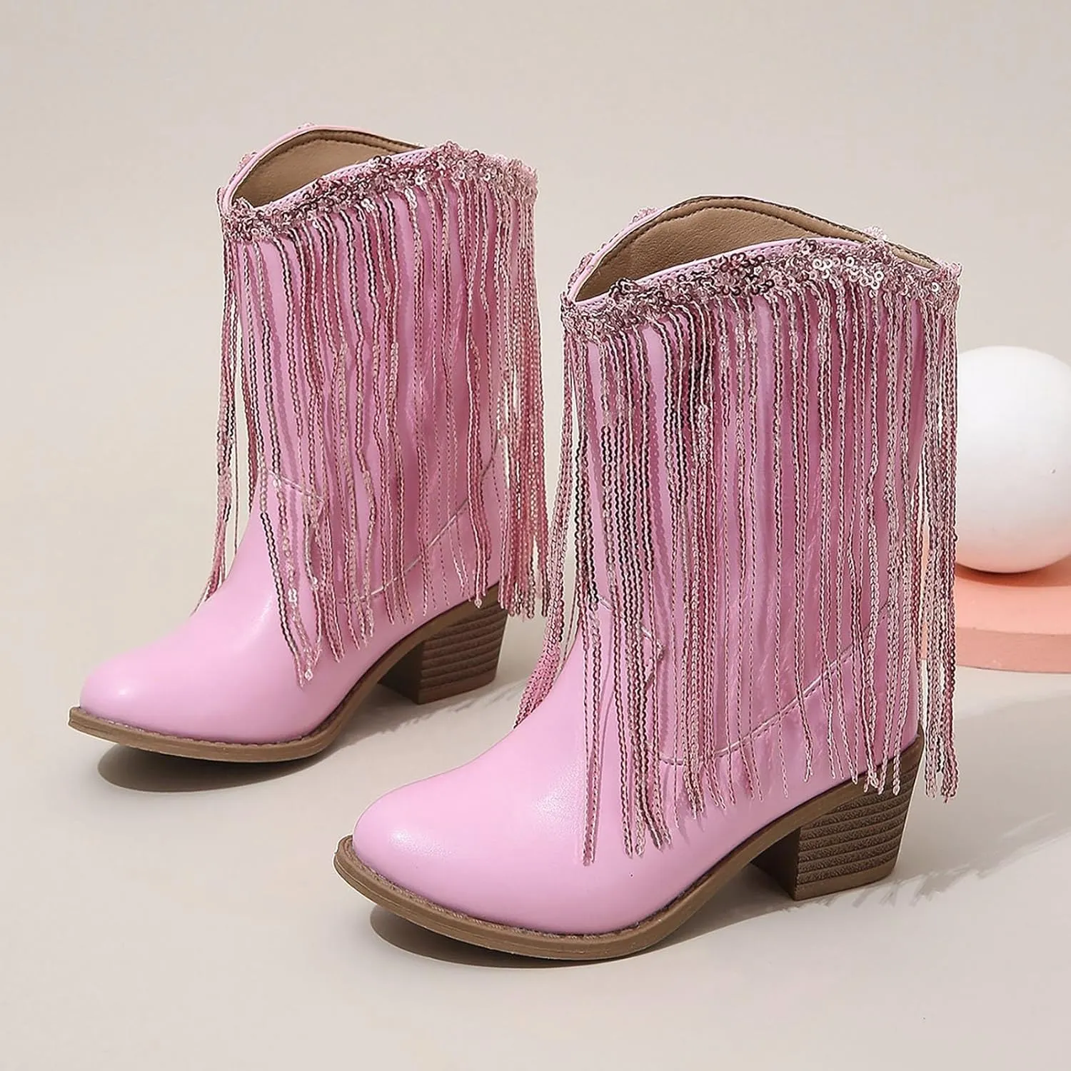 Girl's Fringe Western Boots Wide Calf Riding Cowgirl Cowboy Boots Low Chunky Heel Ankle Boot Pull-On Mid Calf Booties