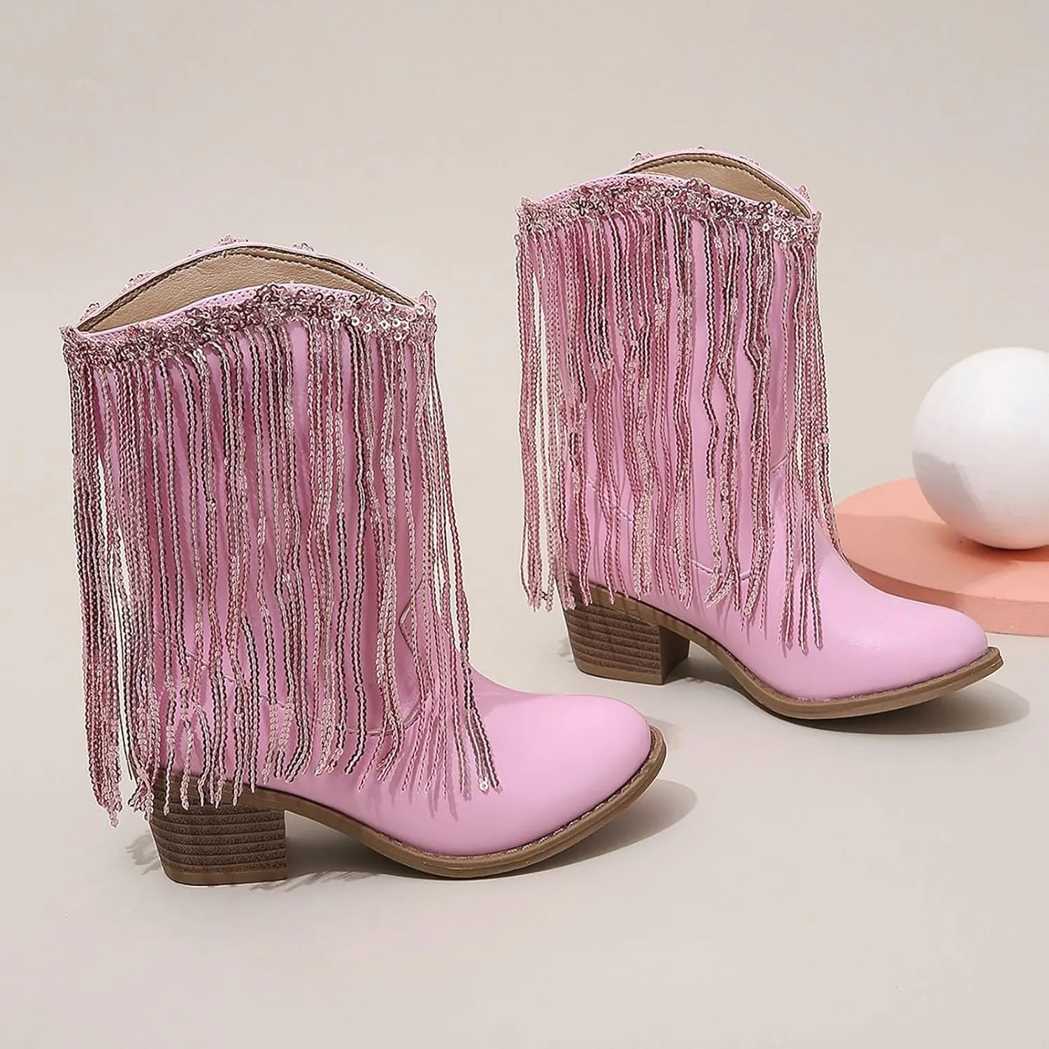 Girl's Fringe Western Boots Wide Calf Riding Cowgirl Cowboy Boots Low Chunky Heel Ankle Boot Pull-On Mid Calf Booties