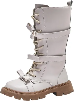 Girl's Knee High Boots Lace-Up Side Zipper Combat Riding Boots Fuax Leather Military Boots Toddler/Little Kid/Big Kid