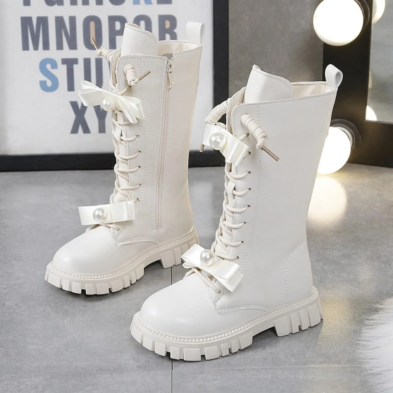 Knee Length Boots for Girls Lace Up Side Zip Combat Boots Girls' High Tall Boots Bow Winter Shoes Little Kids/Big Kids