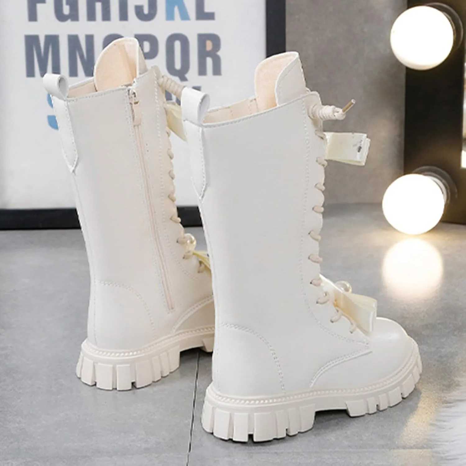 Knee Length Boots for Girls Lace Up Side Zip Combat Boots Girls' High Tall Boots Bow Winter Shoes Little Kids/Big Kids