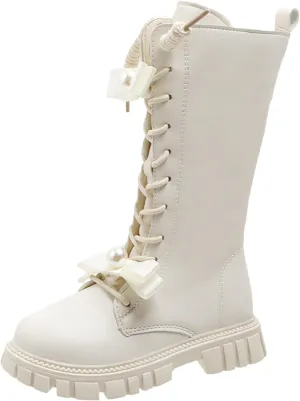 Knee Length Boots for Girls Lace Up Side Zip Combat Boots Girls' High Tall Boots Bow Winter Shoes Little Kids/Big Kids
