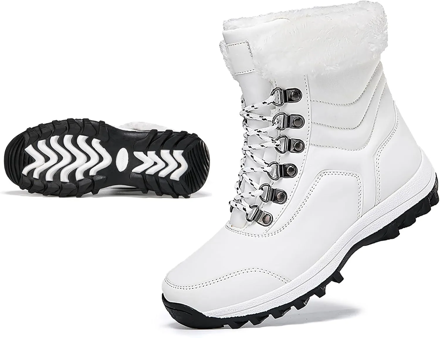 Snow Boots Women Winter Warm Fur Lined Snow Boots Cuffed Fur Collar Anti-Slip Mid Calf Boots Outdoor Insulated Waterproof Hiking Ankle Boots for Work Walking Hiking Outdoor