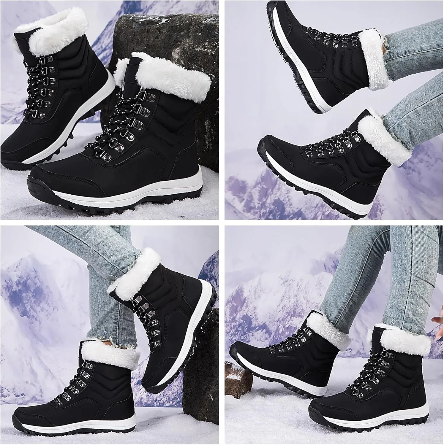 Snow Boots Women Winter Warm Fur Lined Snow Boots Cuffed Fur Collar Anti-Slip Mid Calf Boots Outdoor Insulated Waterproof Hiking Ankle Boots for Work Walking Hiking Outdoor