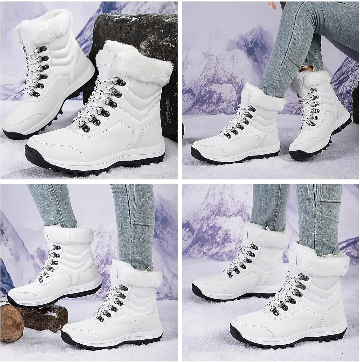 Snow Boots Women Winter Warm Fur Lined Snow Boots Cuffed Fur Collar Anti-Slip Mid Calf Boots Outdoor Insulated Waterproof Hiking Ankle Boots for Work Walking Hiking Outdoor
