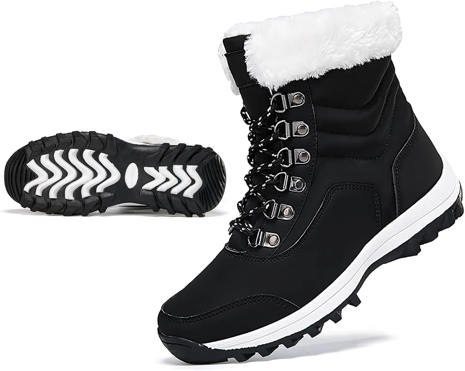 Snow Boots Women Winter Warm Fur Lined Snow Boots Cuffed Fur Collar Anti-Slip Mid Calf Boots Outdoor Insulated Waterproof Hiking Ankle Boots for Work Walking Hiking Outdoor