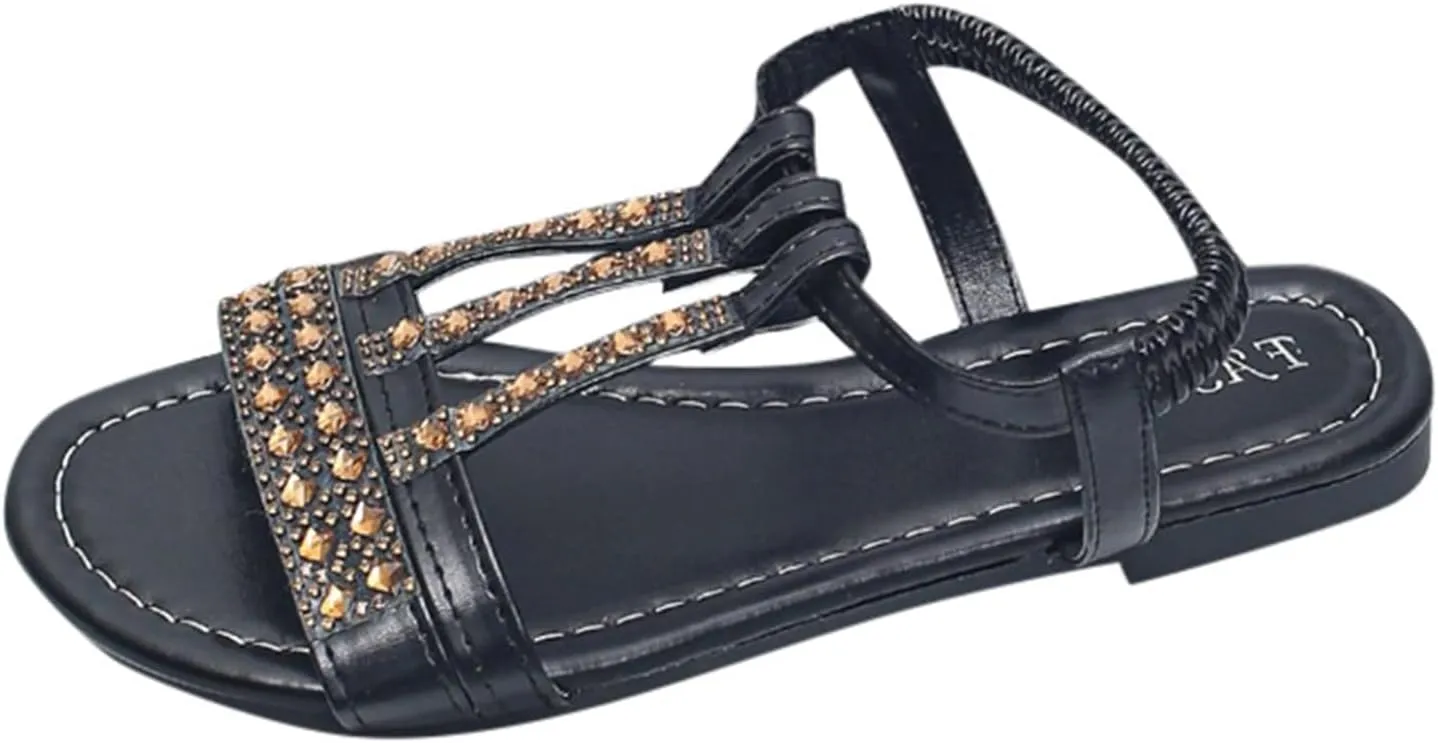 Wedge Sandals for Women Comfortable Open Toe Sandal T-Strap Beaded Bohemia 2025 Beach Shoes Slip On Dressy Flat Sandals
