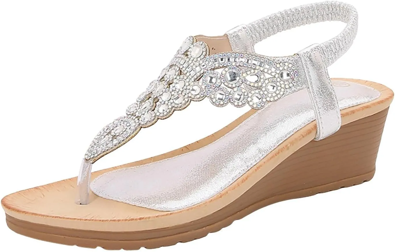 Womens Arch Support Sandals Orthotic Adjustable Thong Flip Flop Elastic Strappy Thong Ankle Strap Summer Dress Beach Gladiator Sandals Wedge Shoes