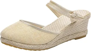 Womens Sandals Closed Toe Espadrille Wedge Sandals Buckle Strap Ladies Espadrilles Wedge Sandals Casual Footwear Outdoor Sandals Dressy Summer Flat