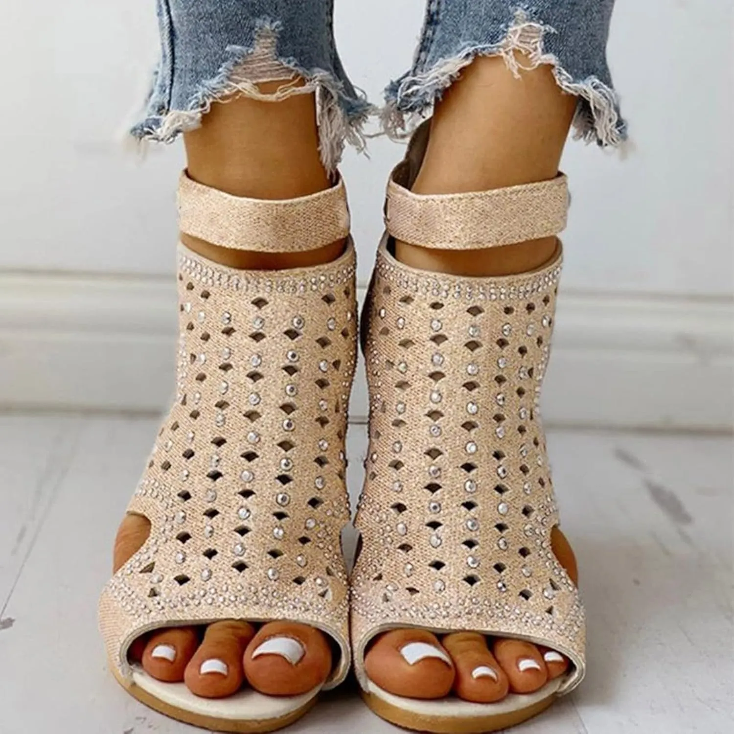 Womens Sandals Peep Toe Back Zipper Wedge Sandal Hollow-Out Rhinestone Low Heel Platform Comfort Dressy Roman Shoes