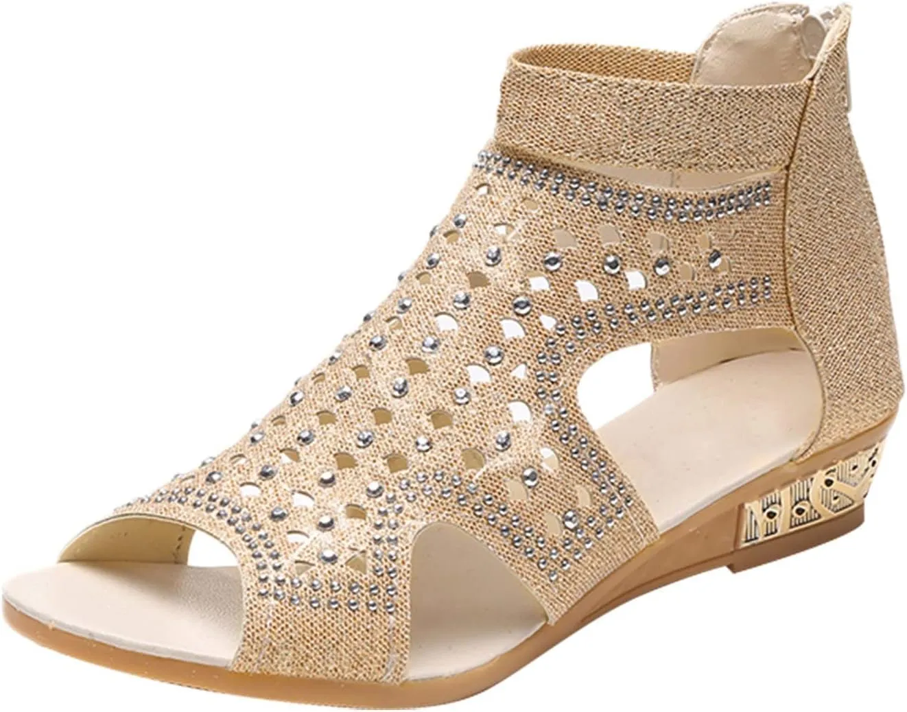 Womens Sandals Peep Toe Back Zipper Wedge Sandal Hollow-Out Rhinestone Low Heel Platform Comfort Dressy Roman Shoes