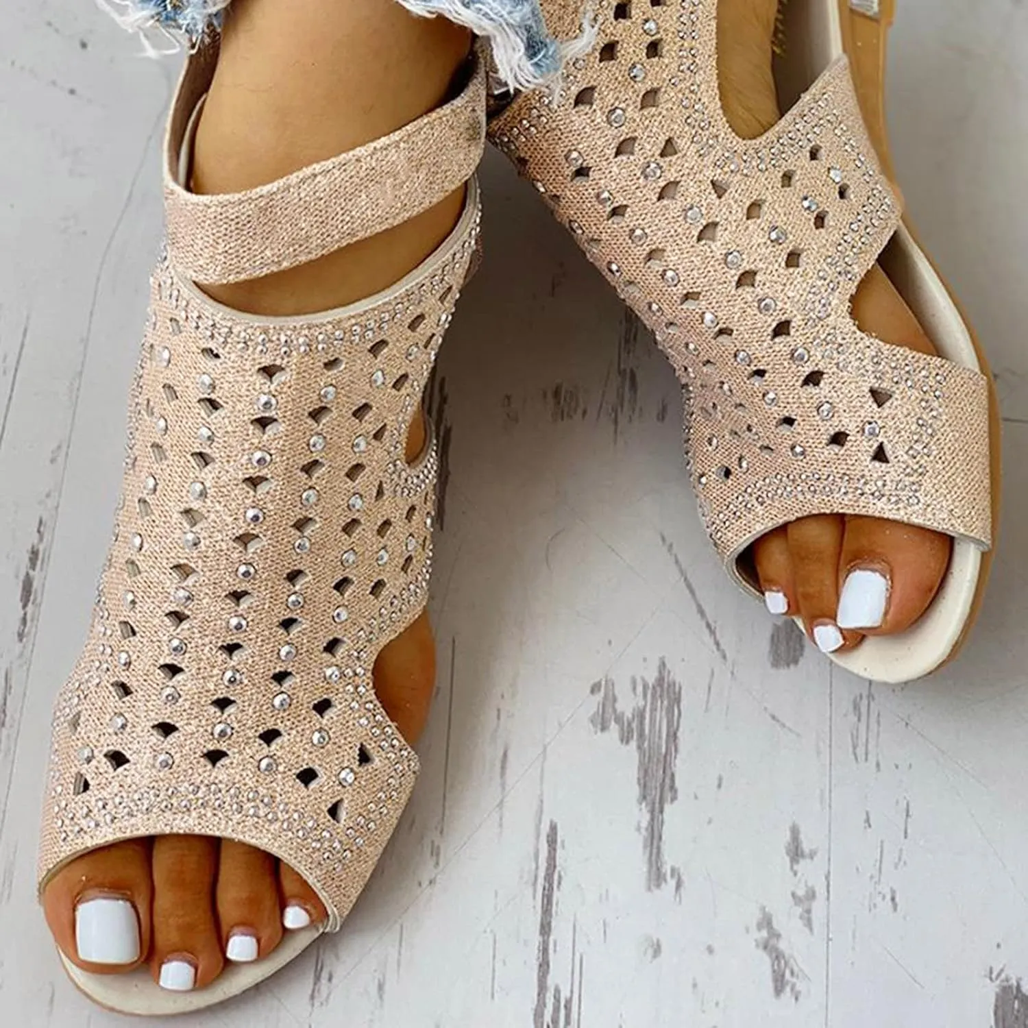 Womens Sandals Peep Toe Back Zipper Wedge Sandal Hollow-Out Rhinestone Low Heel Platform Comfort Dressy Roman Shoes