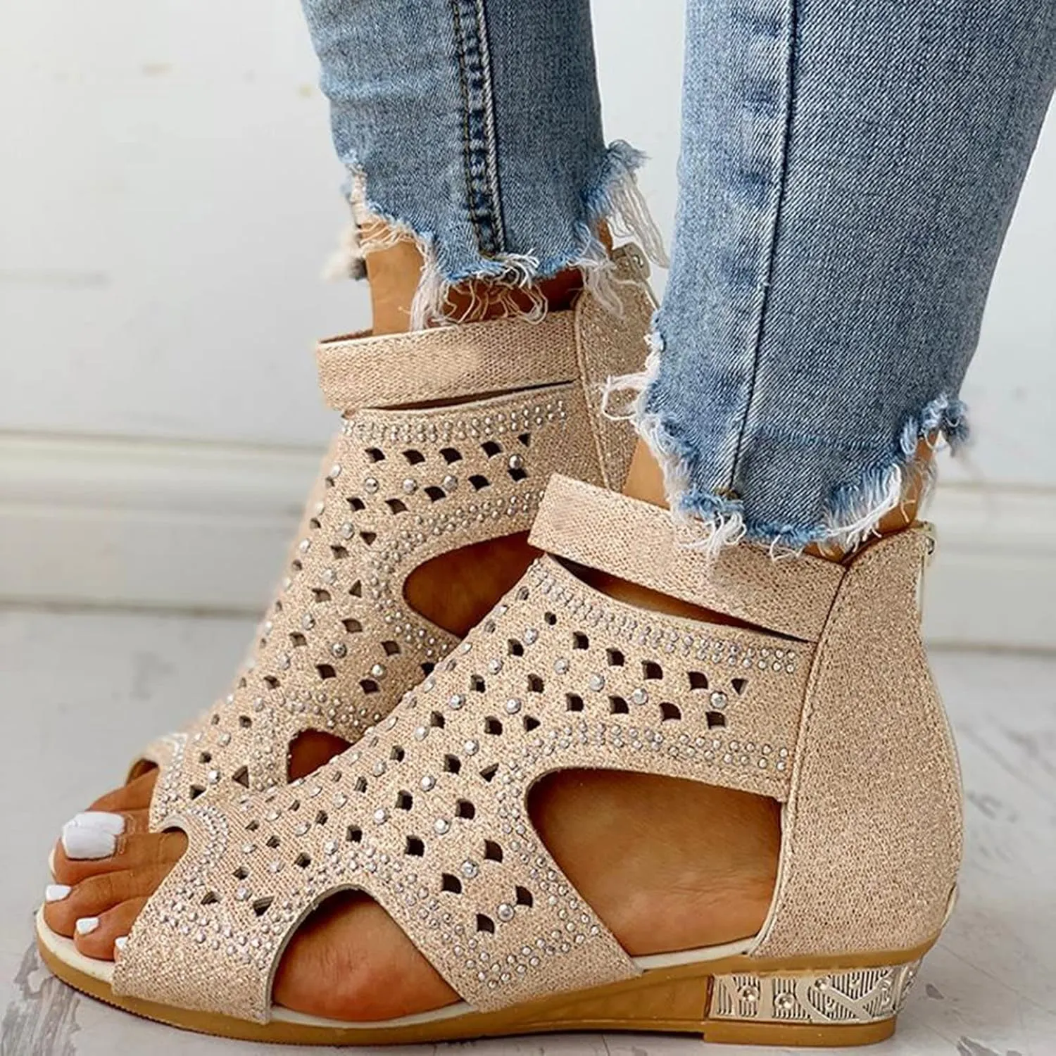 Womens Sandals Peep Toe Back Zipper Wedge Sandal Hollow-Out Rhinestone Low Heel Platform Comfort Dressy Roman Shoes
